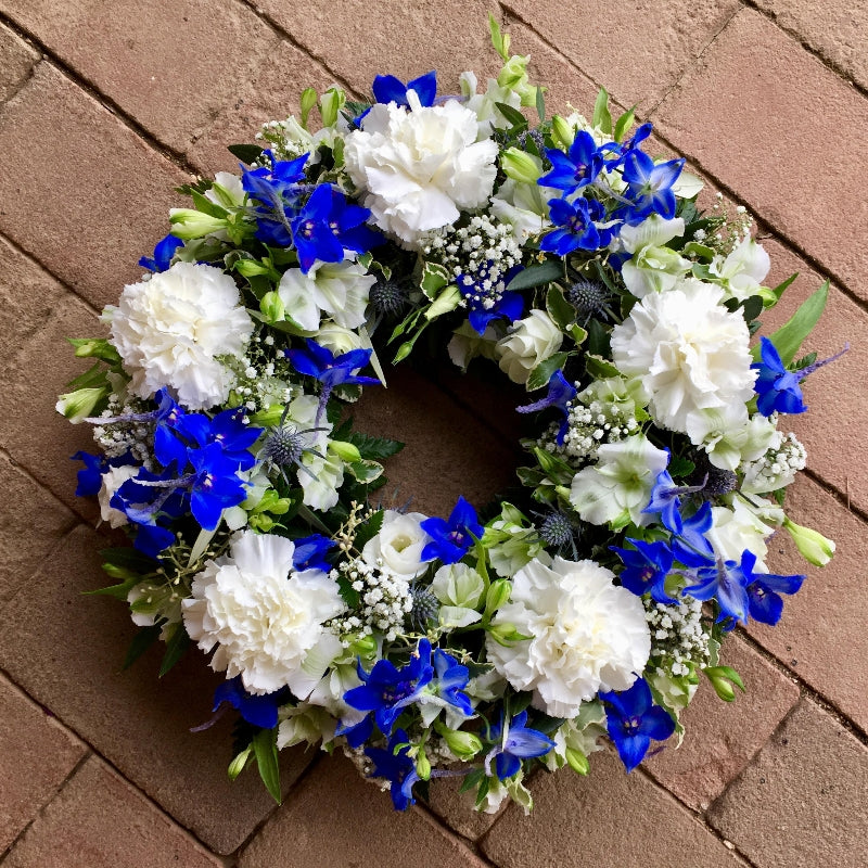 Blue & White Funeral Wreath fresh flowers made by The Petal Boutique in Winchester