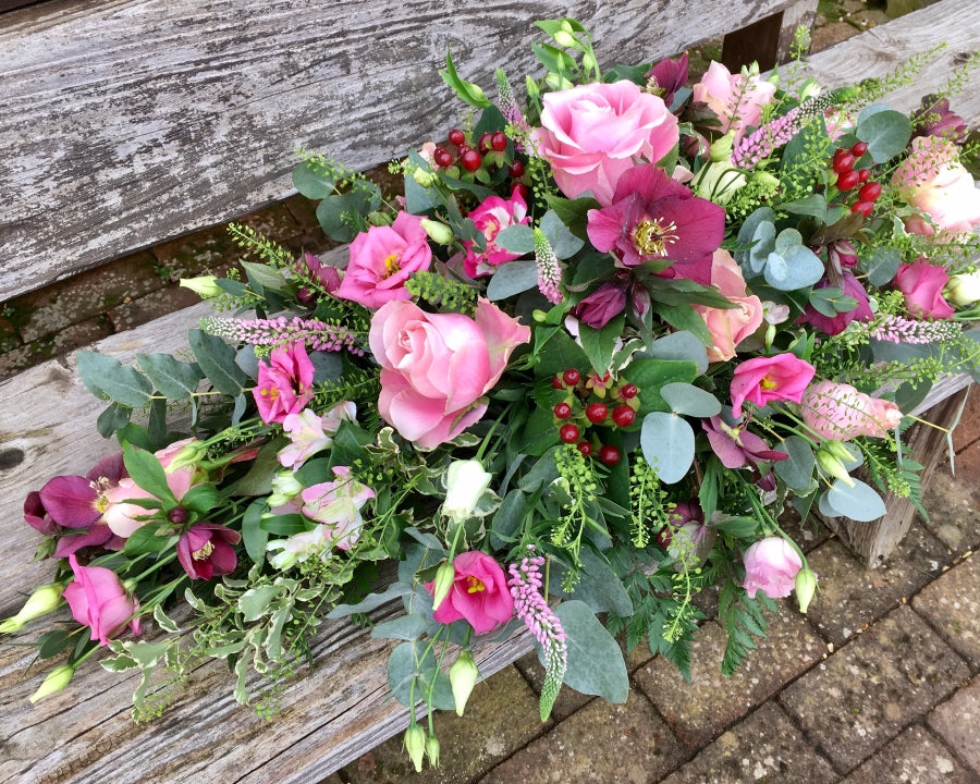Pink & Cranberry Casket Spray fresh flowers made by The Petal Boutique in Winchester