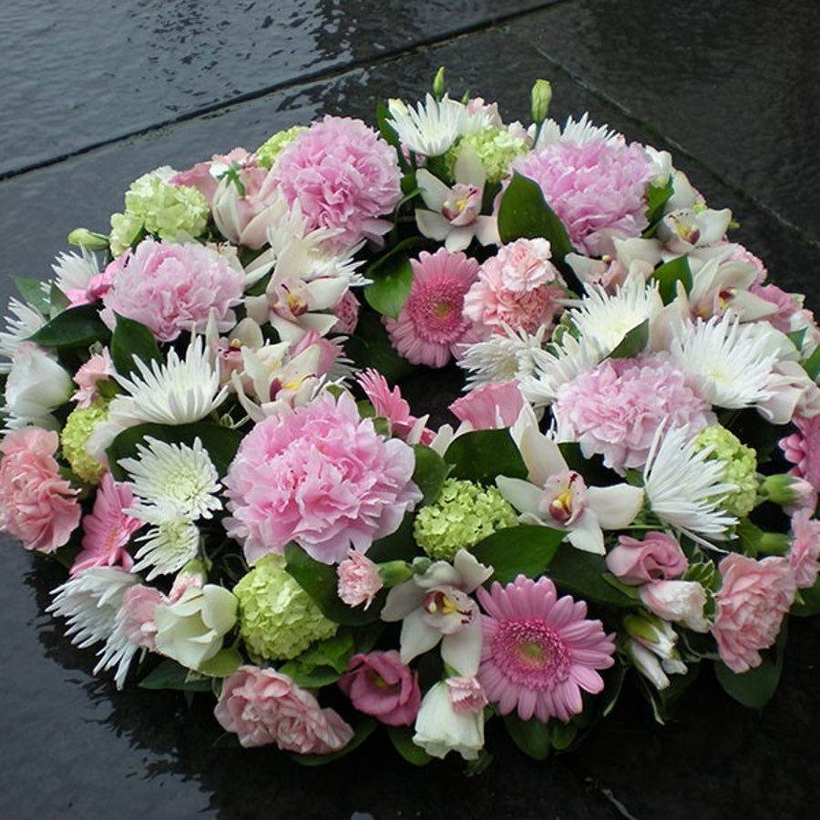 Pink and White Funeral Wreath fresh flowers made by The Petal Boutique in Winchester