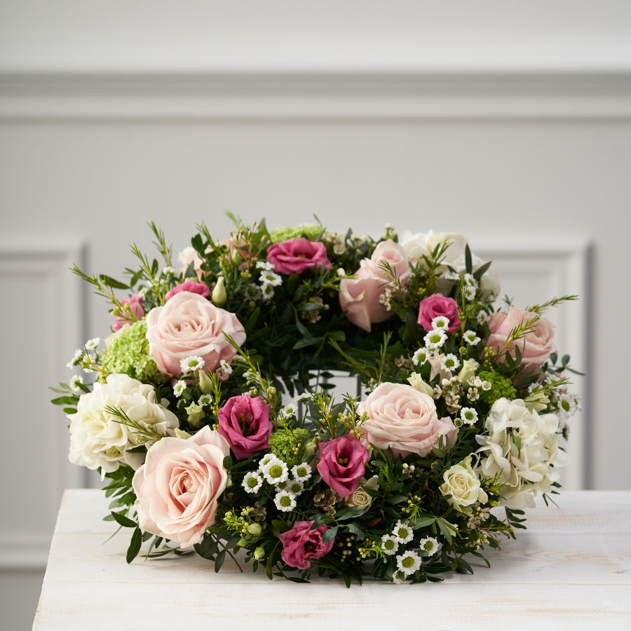 Pink Rose Funeral Wreath fresh flowers made by The Petal Boutique in Winchester