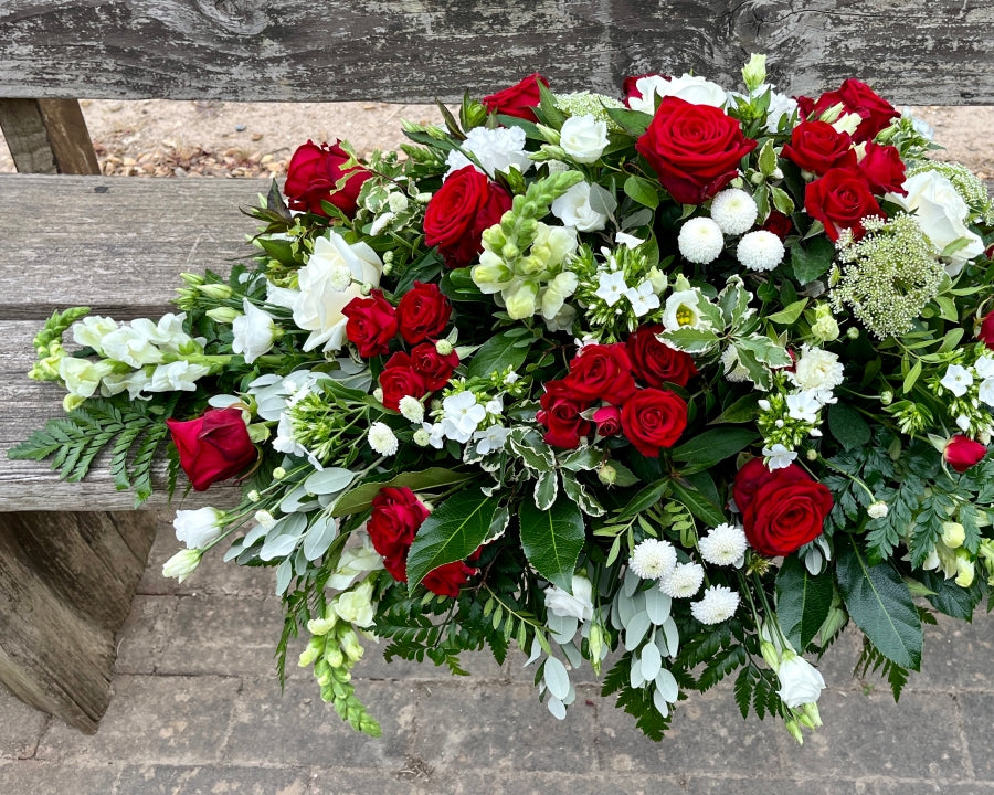 Red & White Casket Spray fresh flowers made by The Petal Boutique in Winchester