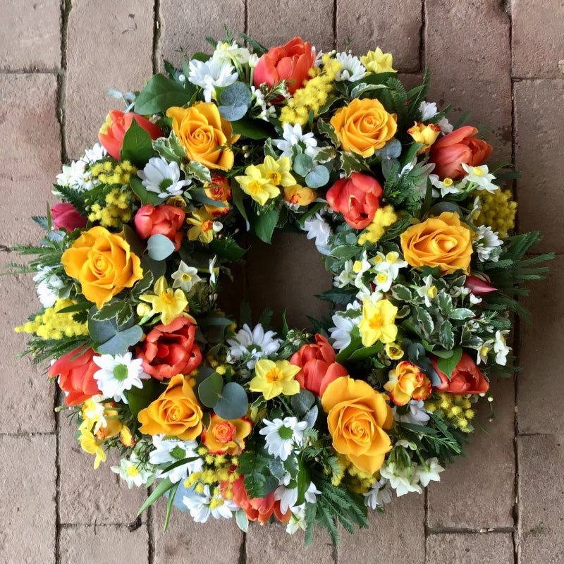 Seasonal Florists Choice Funeral Wreath fresh flowers made by The Petal Boutique in Winchester