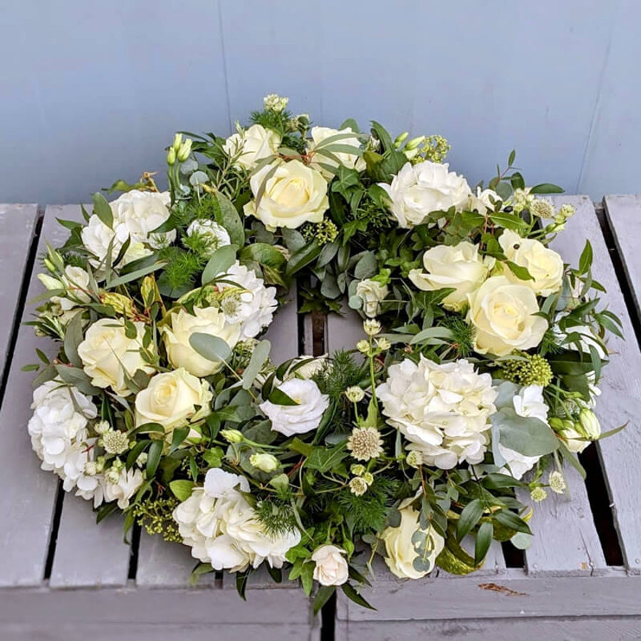 White Funeral Wreath fresh flowers made by The Petal Boutique in Winchester
