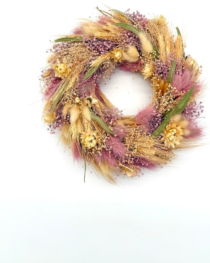 Barleyrose dried flower wreath handcrafted from naturally dried stems by Bouquet Cards