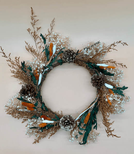 Pinemere dried wreath handcrafted from naturally dried stems by Bouquet Cards