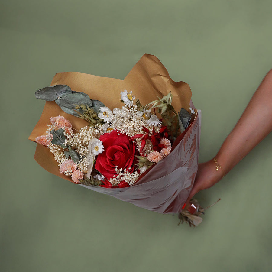 Redvale dried rose reverie bouquet handcrafted from naturally dried stems by Bouquet Cards